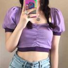 Puff-sleeve Cropped Knit Top Violet - One Size