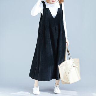 Corduroy Midi Jumper Dress Black - One Size
