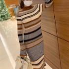 Long-sleeve Striped Knit Midi Dress Brown & Black - One Size