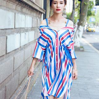 Two Way Contrast Striped Shirtdress