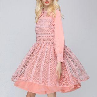 Long-sleeve Mesh Panel A-line Party Dress