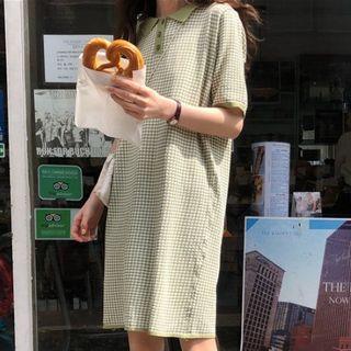 Short-sleeve Plaid Knit Polo Dress Mint Green - One Size