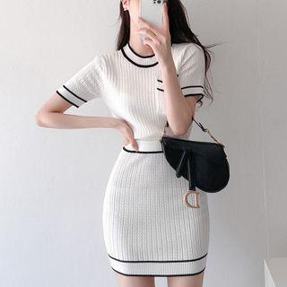 Set : Short-sleeve Round-neck Knit Top + High-waist Knit Skirt