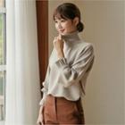 Turtle-neck Pintuck-cuff Knit Top