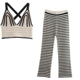 Set: Striped Crochet Knit Camisole Top + Pants