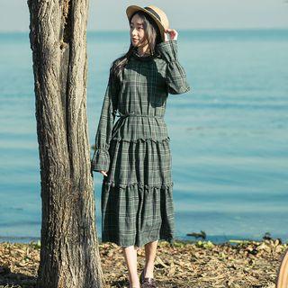 Plaid Tiered Long Sleeve Midi Dress