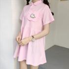Woman Cat Embroidered Lapel Short-sleeve Wide Dress