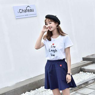 Set: Short-sleeve Embroidered T-shirt + Mini A-line Skirt