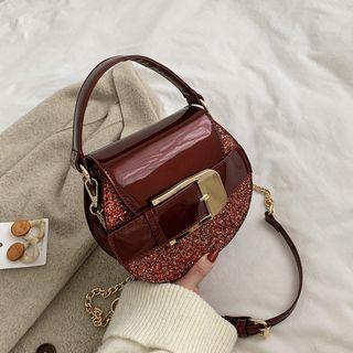 Glitter Patent Top Handle Round Crossbody Bag