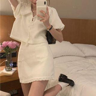 Set: Short-sleeve Lace-up Cropped Blouse + Mini Pencil Skirt