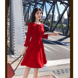 3/4-sleeve Frill Trim A-line Dress