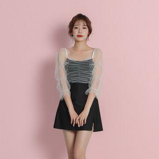 Long-sleeve Mesh Lace-up A-line Swimdress