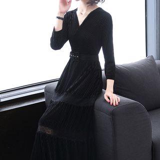 3/4-sleeve Lace Panel Tie-waist Midi Velvet Dress