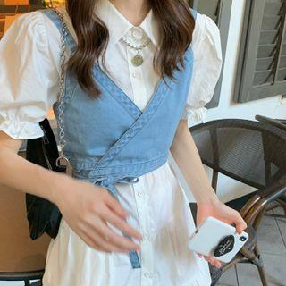 Short-sleeve Mini Tiered Shirt Dress / Wrap Front Vest