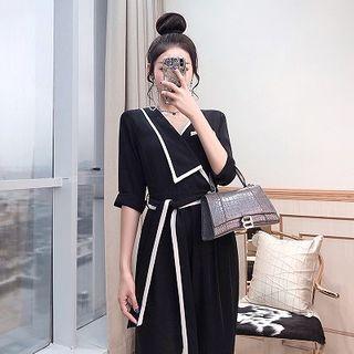 Contrast Trim Elbow-sleeve Straight-cut Jumpsuit