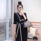 Contrast Trim Elbow-sleeve Straight-cut Jumpsuit