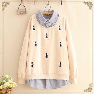 Inset Stripe Shirt Cat Embroidered Sweatshirt