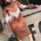 Long-sleeve Turtleneck Patterned Dress