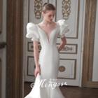 Puff-sleeve Mesh Panel Mermaid Wedding Gown