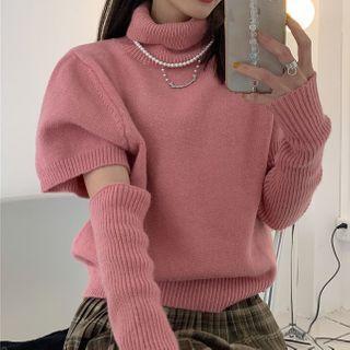 Set: Short-sleeve Mock-neck Sweater + Arm Sleeve