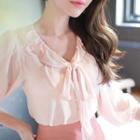 Tie-neck Balloon-sleeve Ruffled Blouse