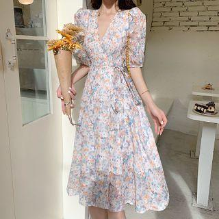 Floral Print V-neck Puff-sleeve A-line Dress