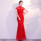 Lace Cap-sleeve Mermaid Evening Gown