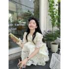 Short-sleeve Frayed A-line Dress White - One Size