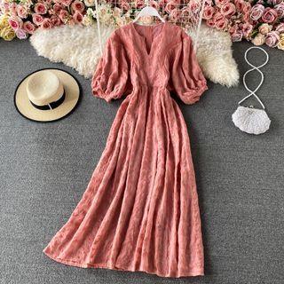 Puff Sleeve Plain Maxi Dress