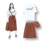 Lettering Short-sleeve T-shirt / Plaid Midi A-line Skirt With Crossbody Bag