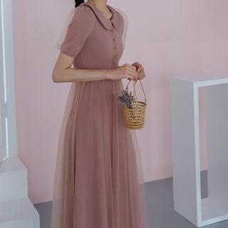 Short-sleeve Collared A-line Mesh Panel Dress