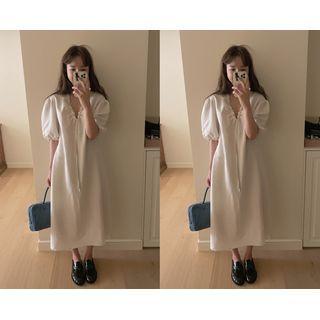 [dearest] Drawstring Long A-line Dress Oatmeal - One Size