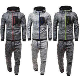 Set: Contrast Trim Melange Hooded Jacket + Jogger Pants