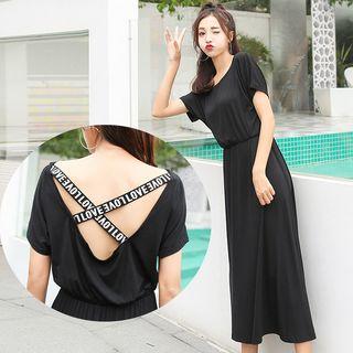 Open Back Lettering Short-sleeve Midi T-shirt Dress