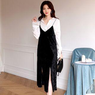Spaghetti-strap Slit-hem Velvet Long Dress