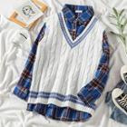 Plaid Shirt / V-neck Cable Knit Vest