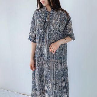Short-sleeve Patterned Midi A-line Dress Blue - One Size