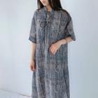 Short-sleeve Patterned Midi A-line Dress Blue - One Size