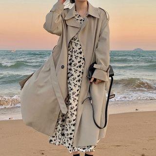 Double Breasted Long Trench Coat / Floral Long-sleeve Midi A-line Dress