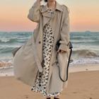 Double Breasted Long Trench Coat / Floral Long-sleeve Midi A-line Dress