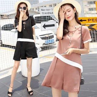 Set: Short-sleeve Contrast Trim Top + Shorts