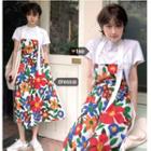 Plain Crew-neck Short-sleeve T-shirt / Flower Print Midi Suspender Dress
