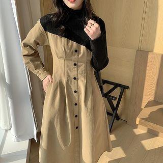 Mock-turtleneck Paneled Midi A-line Dress