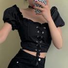 Lace Up Puff-sleeve Blouse Black - One Size