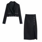 Cropped Double-breasted Blazer / Slit Midi Pencil Skirt