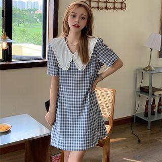 Short-sleeve Plaid Dress Plaid - Grayish Blue & White - One Size