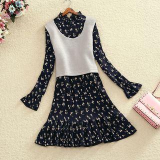 Plain Sweater Vest / Floral Print Long-sleeve A-line Dress / Set: Plain Sweater Vest + Floral Print Long-sleeve A-line Dress
