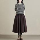 Plain Corduroy Midi A-line Skirt Red & Brown - One Size