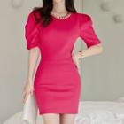 Short-sleeve Plain Pencil Dress With Chain Necklace