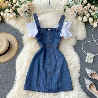 Cold-shoulder Panel Puff-sleeve Denim Mini A-line Dress